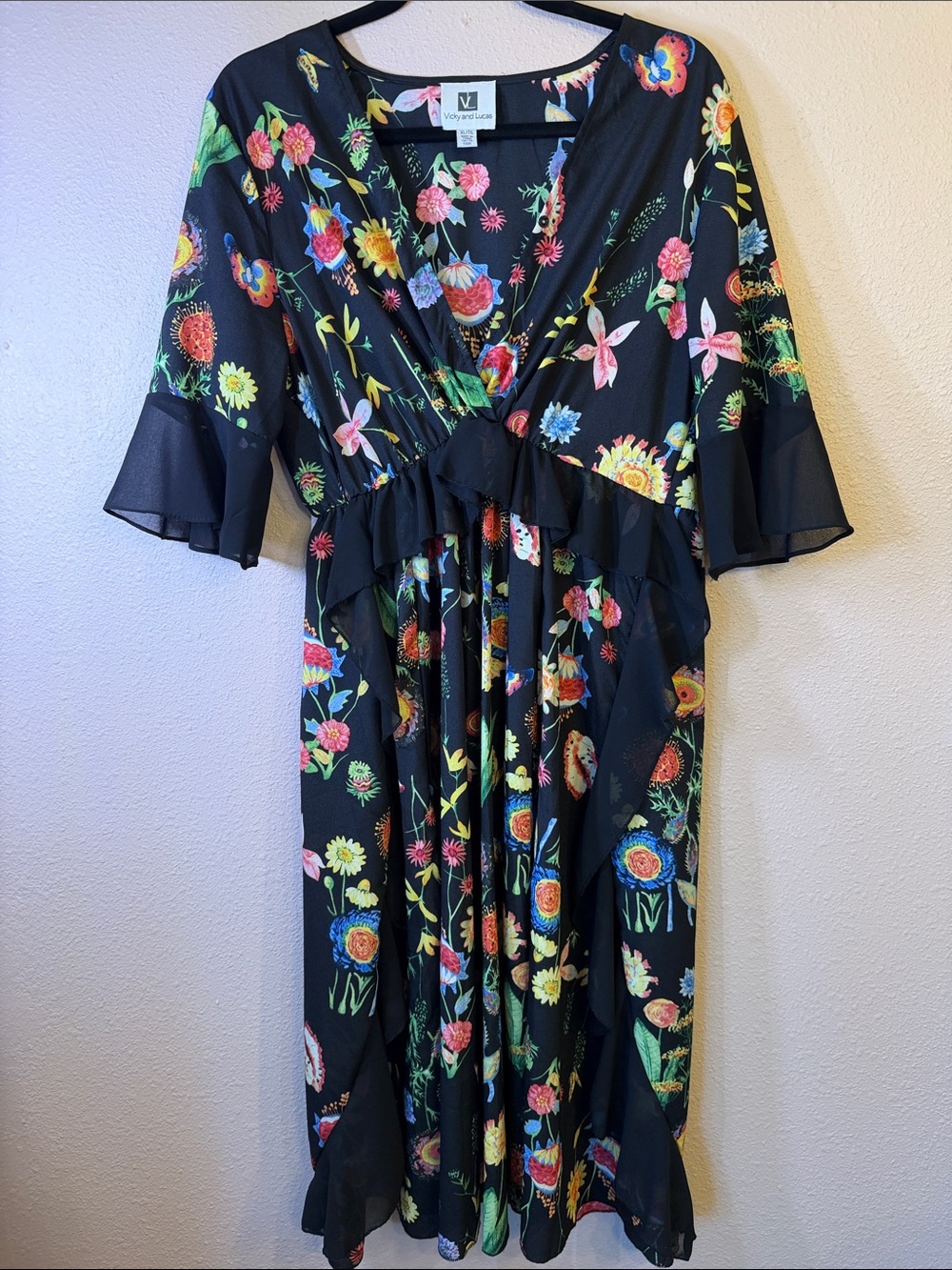 Vicky and Lucas V-Neck Black Floral Midi Dress with Ruffle Trim